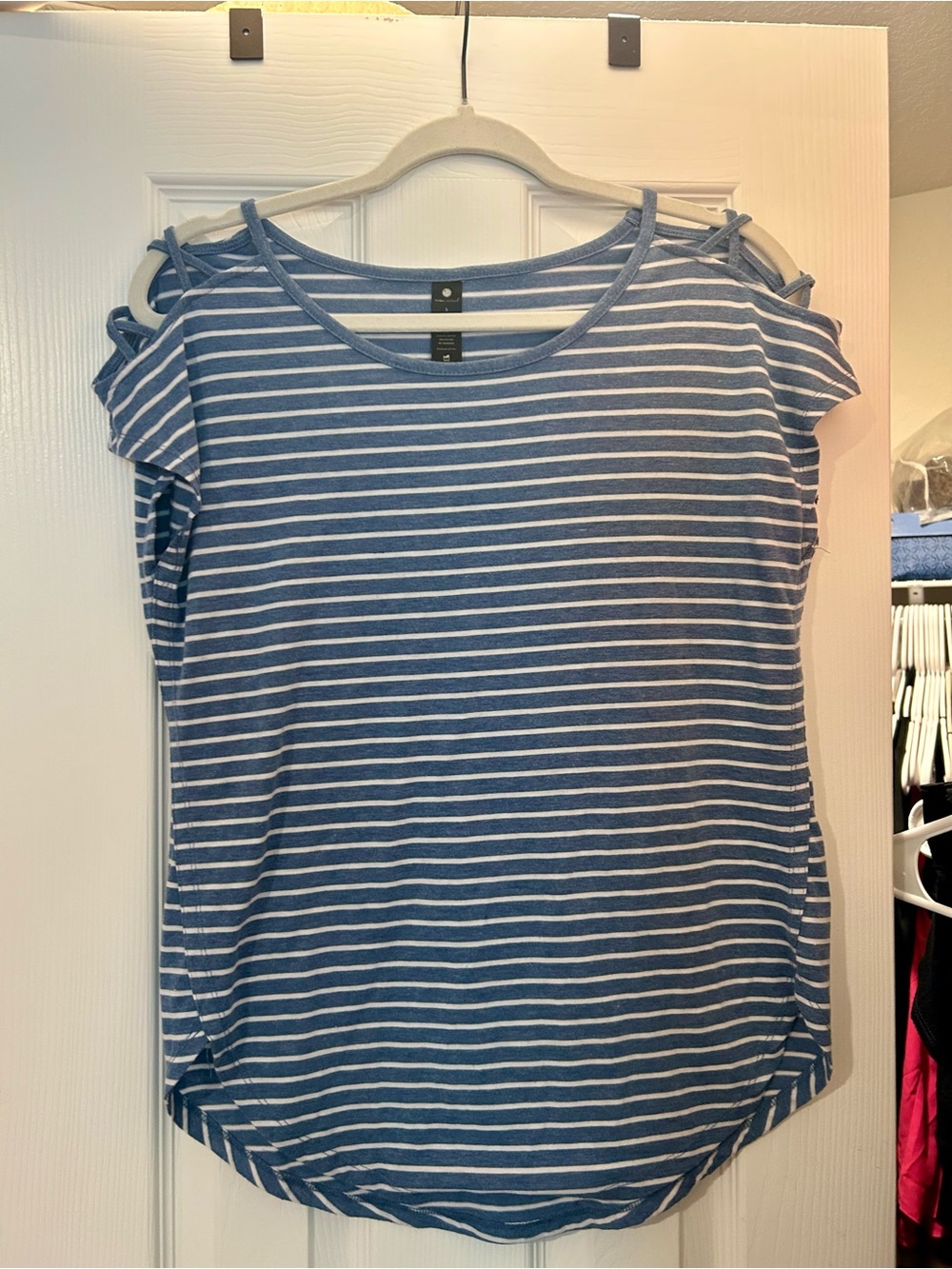 Yogalicious Blue and White Striped Cold-Shoulder Tee with Tie Details